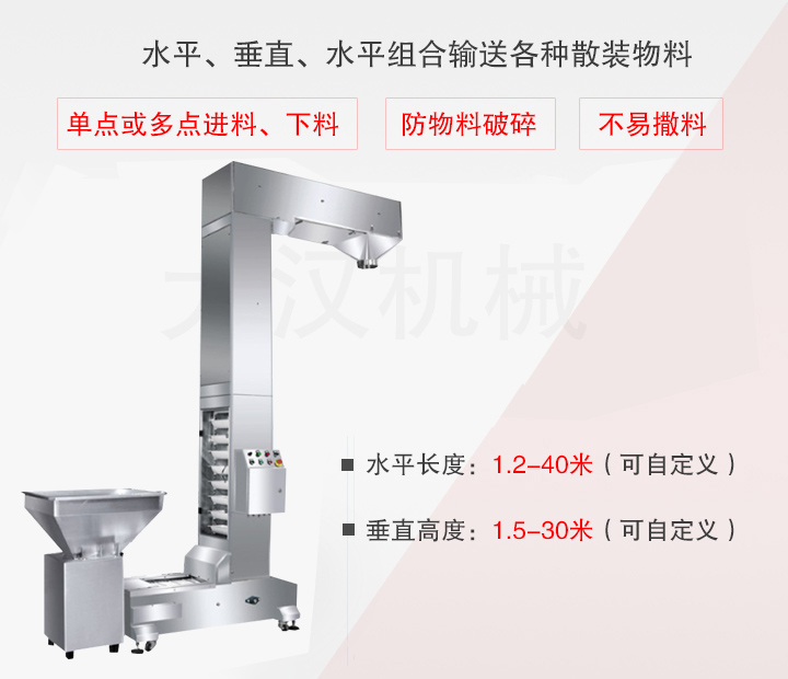 Z型斗式提升機主要用于水平、垂直、水平組合輸送散裝物料，不易撒料、物料破損率低、能單點或多點下料